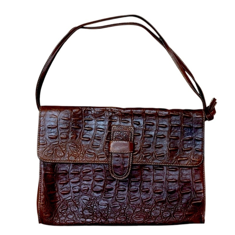 Unisa Croc Print Brown Leather Adjustable Shoulder Crossbody Envelope‎ Bag Purse